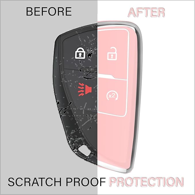 QBUC for Chevy Key Fob Cover with Keychain Soft TPU Protection Case Compatible with 2021-2026 Chevy Colorado Equinox Silverado GMC Canyon Sierra Terrain 4-Buttons(Chrome Trim Pink)