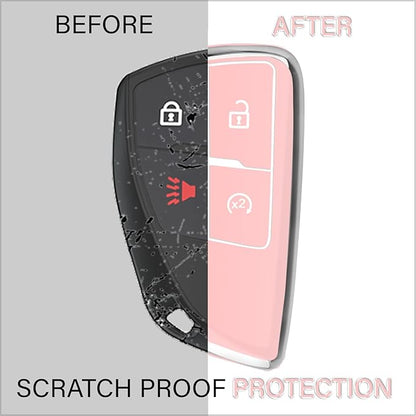 QBUC for Chevy Key Fob Cover with Keychain Soft TPU Protection Case Compatible with 2021-2026 Chevy Colorado Equinox Silverado GMC Canyon Sierra Terrain 4-Buttons(Chrome Trim Pink)