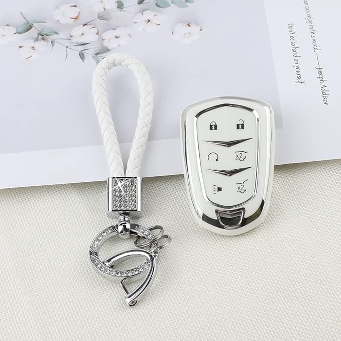 PIFOOG Escalade Key Fob Cover for Cadillac 6 Button Smart Keys Case Proector Accessories TPU Soft Bling Keychain White Silver Girly Cute for Cadillac Escalade ESV 2015-2020