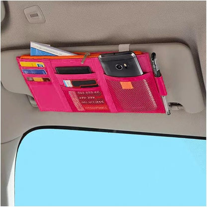 Car Sun Visor Organizer, Auto Interior Visor Storage Pouch Holder with Zipper, Multi-Pocket Net Personal Belonging Organizer, Universal Car Accessory for Cards, Documents (Rose Red)