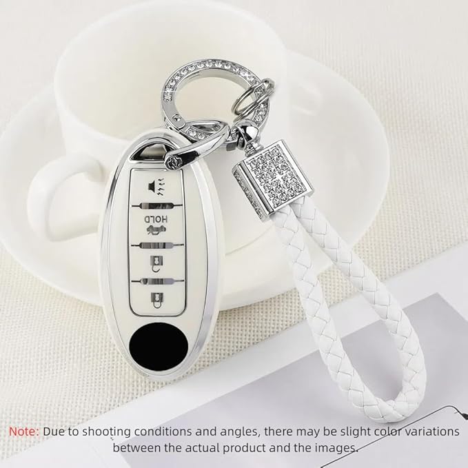 PIFOOG Key Fob Cover for Nissan 4 Button Murano Sentra Altima Rogue Kicks Armada Pathfinder Car Accessories TPU Smart Keys Case Shell Cute Bling Keychain Girly Women White