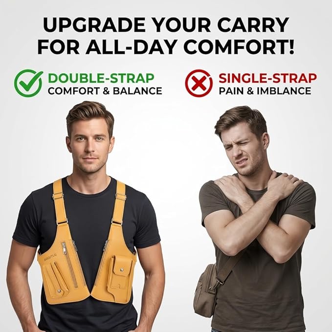 Leather Double Shoulder Armpit Bag for Men Underarm Concealed Rover The Holste Vest for Mens Adjustable Leather Bag (Yellow)