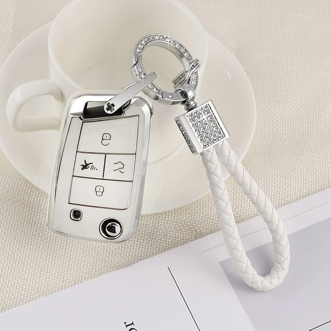 PIFOOG for Volkswagen VW Key Fob Cover Tiguan Golf GTI Altas Jetta Accessories 4 Button Soft TPU Car Keys Case Protector Bling Keychain Landyard Girly White Silver