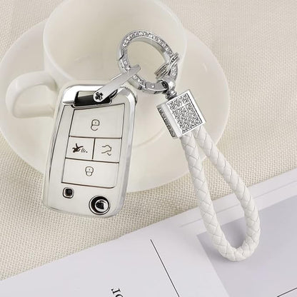PIFOOG for Volkswagen VW Key Fob Cover Tiguan Golf GTI Altas Jetta Accessories 4 Button Soft TPU Car Keys Case Protector Bling Keychain Landyard Girly White Silver