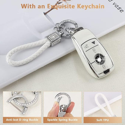 PIFOOG White Key Fob Cover for Mercedes Benz GLC GLE GLA GLB GLS A C E G S AMG Class Accessories Soft TPU Car Smart Keys Case Bling Keychain Full Protection Girly Women