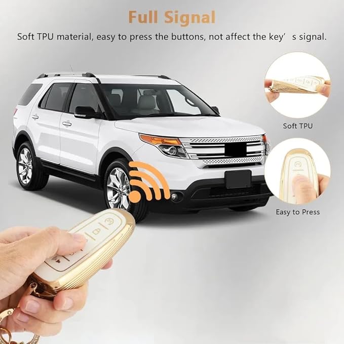 PIFOOG Key Fob Cover for Ford 5 Button Car Key Shell Case Glitter Keychain for Ford Edge Explorer Expedition Focus Taurus Escape C-Max Lincoln Smart Keys White Gold Girly Cute