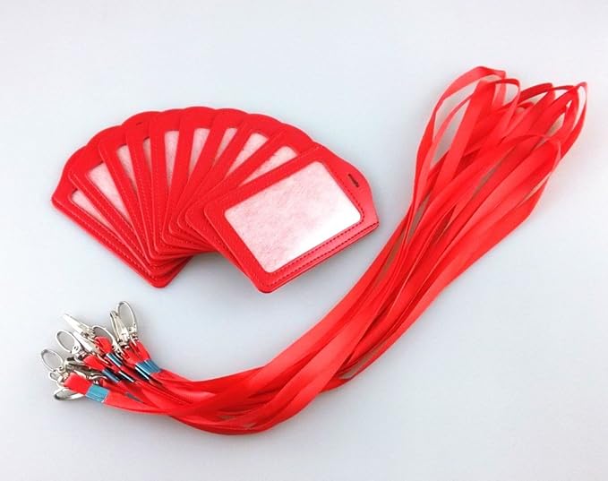 yueton 10pcs Vertical Style Leather Business ID Badge Card Holder, Name Card Business Card Holder Tag with Long Neck Strap Band Lanyard (Red)