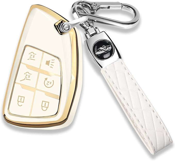 QBUC for Chevy Key Fob Cover with Keychain Soft TPU Protection Case Compatible with 2021-2026 Chevy Tahoe Suburban GMC Yukon Denali Silverado 6-Buttons(Gold Trim White)
