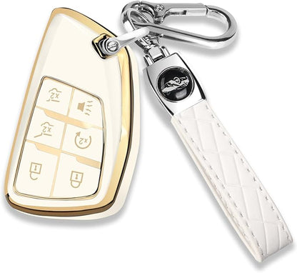 QBUC for Chevy Key Fob Cover with Keychain Soft TPU Protection Case Compatible with 2021-2026 Chevy Tahoe Suburban GMC Yukon Denali Silverado 6-Buttons(Gold Trim White)