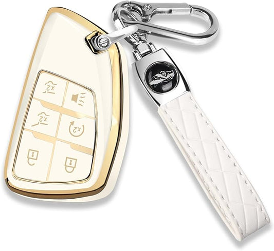 QBUC for Chevy Key Fob Cover with Keychain Soft TPU Protection Case Compatible with 2021-2026 Chevy Tahoe Suburban GMC Yukon Denali Silverado 6-Buttons(Gold Trim White)
