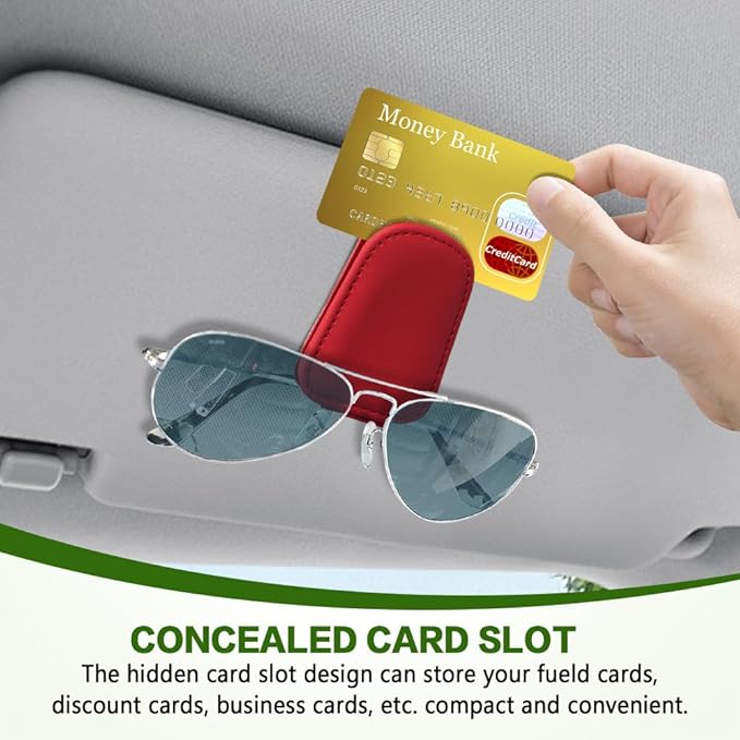 Sunglass Holder for Car, Sunglasses Clip for Car Visor, Magnetic Leather Vehicle Eyeglass Hanger Clip, Auto Ticket Card Glasses Organizer Clamp Accessories for SUV Sedan (Red)