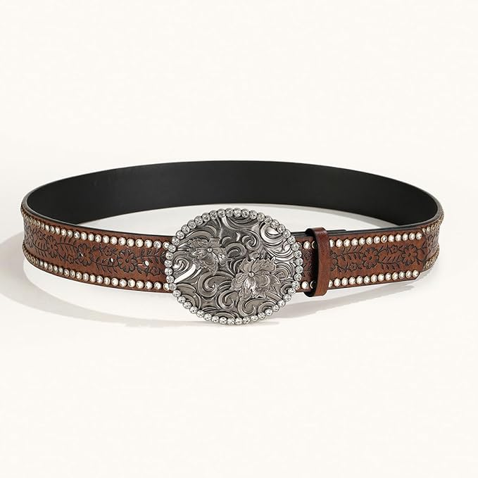 INOGIH Adjustable-Vintage-Western-Cowboy-Belt Women Men - Cowboy-Style Engraved-Buckle Belt for Jeans Pants Dresses