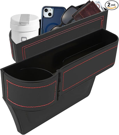 Car Seat Gap Filler Organizer, Multifunctional Car Seat Organizer with Adjustable Cup Holder, Leather Car Seat Gap Storage Box for Holding Phones, Coins, Cards, Keys, Pens (Black)