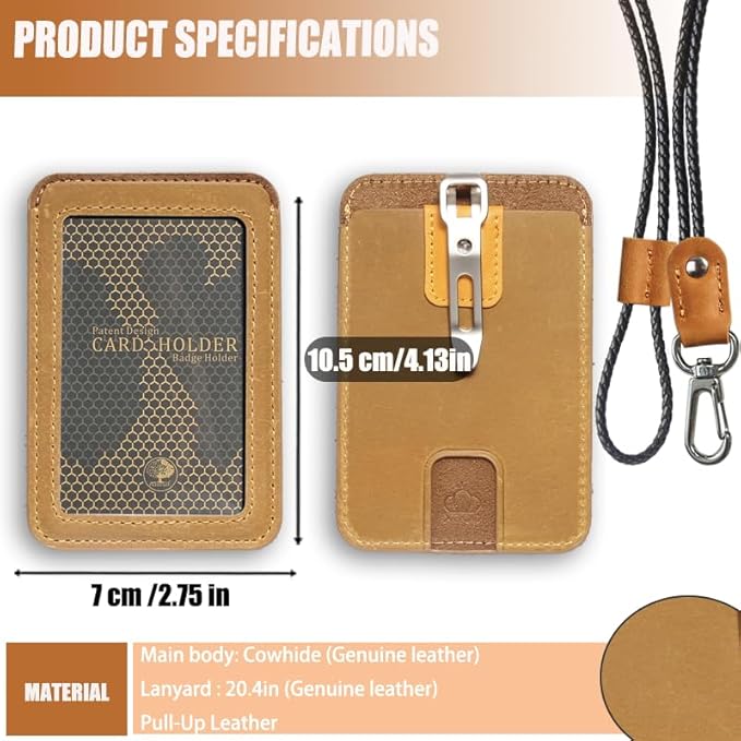 1 Pc LeeFirst Double Sided Leather ID Badge Holder with Leather Lanyard, ID Card Holder with Clip, Vertical Slim Design, 3 Card Slots for Nurse Teacher Student Office