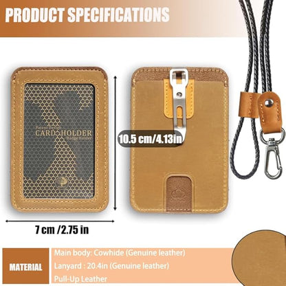 1 Pc LeeFirst Double Sided Leather ID Badge Holder with Leather Lanyard, ID Card Holder with Clip, Vertical Slim Design, 3 Card Slots for Nurse Teacher Student Office