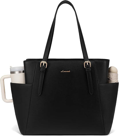LOVEVOOK Laptop Tote Bag for Women With Large Cup Holder, Leather Work Tote Bag for Women,17.3 Inch Professional Computer Briefcase Business Teacher Commuter Shoulder Bag,Office Travel Gift