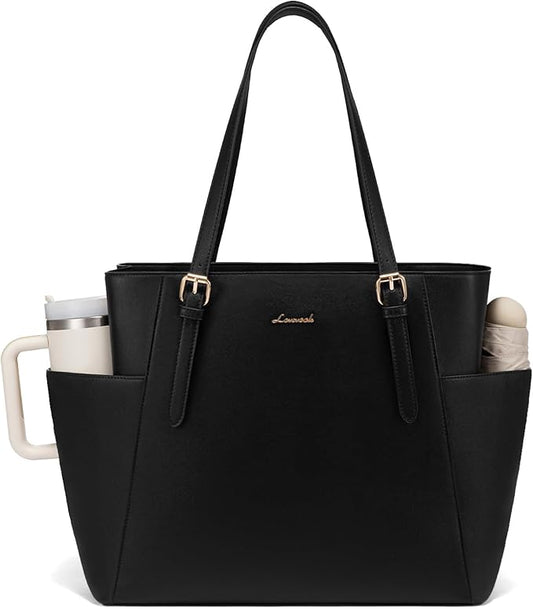 LOVEVOOK Laptop Tote Bag for Women With Large Cup Holder, Leather Work Tote Bag for Women,17.3 Inch Professional Computer Briefcase Business Teacher Commuter Shoulder Bag,Office Travel Gift