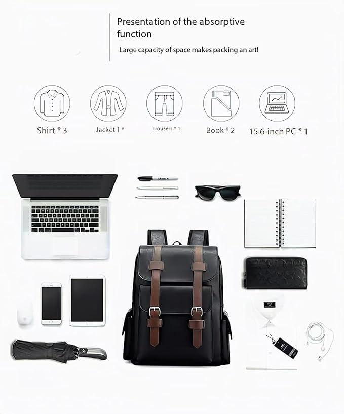 Retro men's business plaid backpack can hold a 15.6-inch laptop, women's stylish travel waterproof leather backpack. (black-15.7inch)