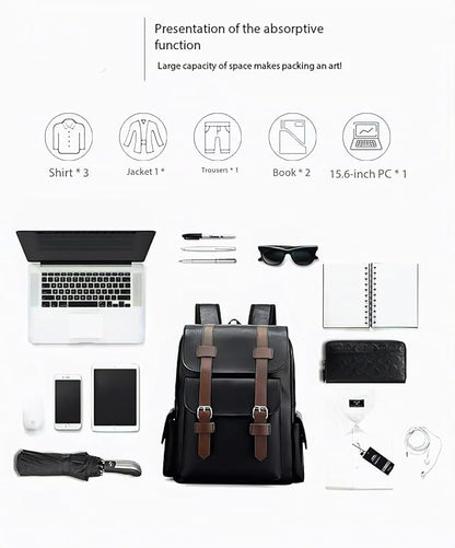 Retro men's business plaid backpack can hold a 15.6-inch laptop, women's stylish travel waterproof leather backpack. (black-15.7inch)