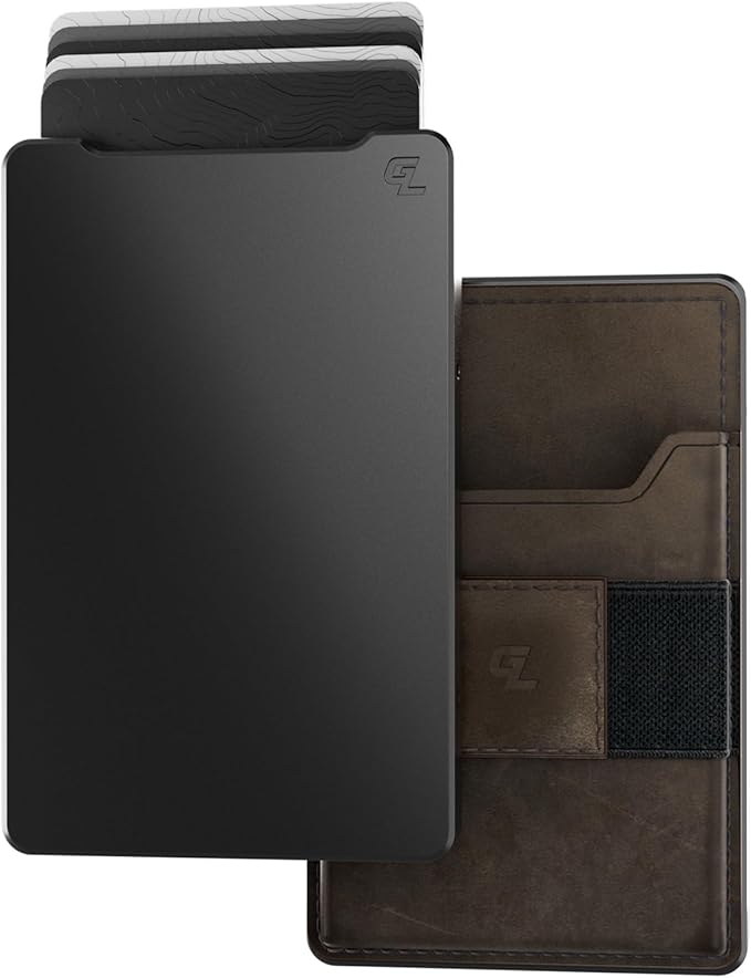 Groove Life Groove Magnetic Thumb Swipe Magsafe Wallet Gun Metal/Brown Leather Go Mens Minimalist Aluminum Credit Card Holder with RFID Blocking, Genuine Leather Attachment, Lifetime Coverage