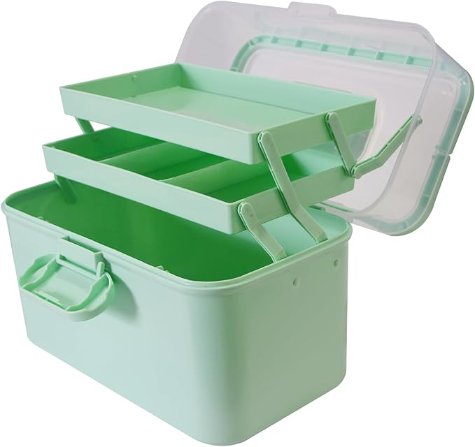 Portable Clear Medicine Box Empty, Family First Aid Dispenser/Art & Crafts Case/Folding Tool Organizer/Multipurpose Storage Container 3-Layers Storage Bin for Family Emergency (Green)