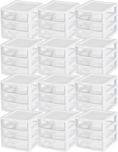 Sterilite 12-Pack Clearview 3-Drawer Cart, Small Plastic Storage Organizer Drawers, White - Organizing Drawer Containers for Bathroom, Closet, Kitchen, and Bedroom