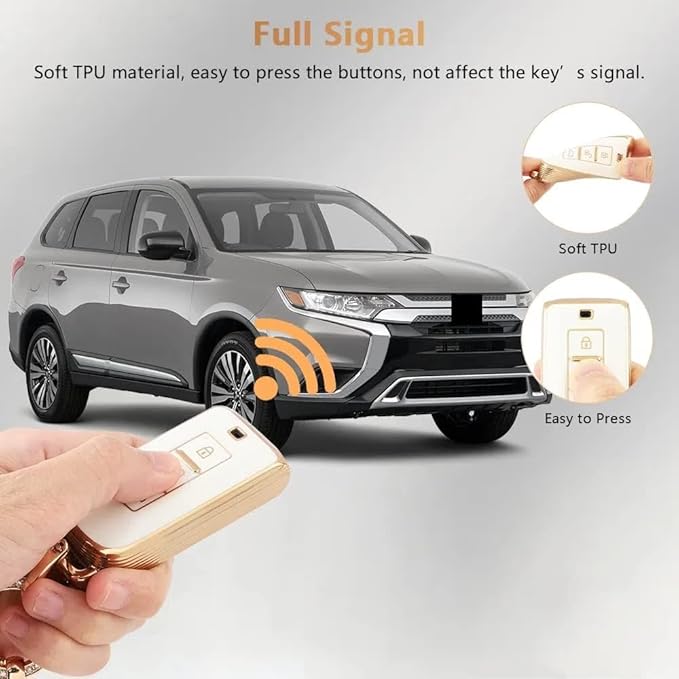 PIFOOG Key Fob Cover for Mitsubishi Accessories Outlander Lancer Mirage Car Keys Shell Case Protector Full Covers Bling Keychain Girly Women White Gold Soft TPU