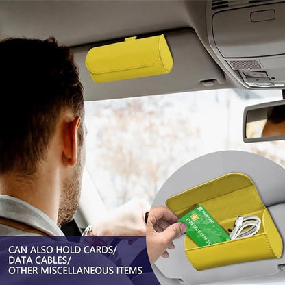Sunglasses Holder for Car Sun Visor, Sunglass Organizer for Car, Magnetic Leather Eyeglasses Protective Storage Case, Waterproof Glasses Organizer Visor Accessories for Vehicles (Yellow)