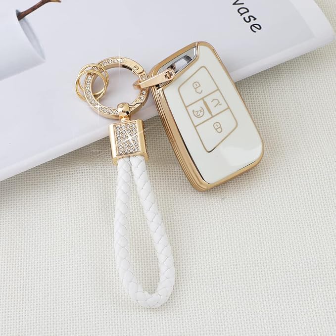 PIFOOG Key Fob Cover for VW Volkswagen White Gold Bling Keychain Tiguan Atlas Jetta Taos Arteon Car Accessories Cute TPU Smart Keys Case Shell Protector Crystal Girly Women