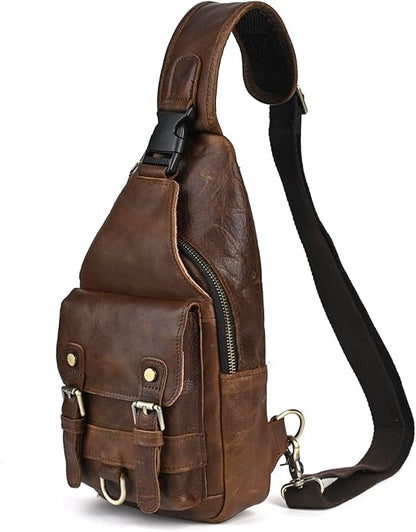Thick Crazy horse Leather Triangle Crossbody Sling Chest Bag Travel One Shoulder Bag Daypack For Men Male 3028