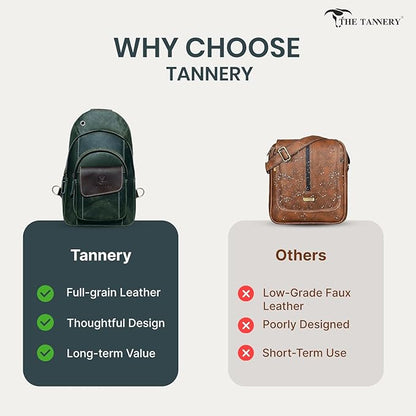 The Tannery Handmade Buffalo Leather Multipurpose Travel Hiking Crossbody Chest Backpack with Adjustable Shoulder Strap (Green, Small)
