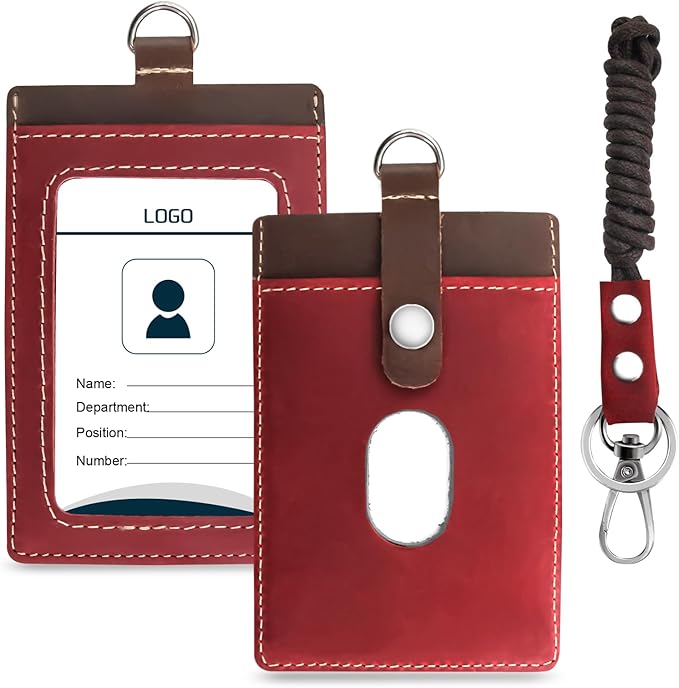 Badge Holder: Boshiho Cowhide Leather ID Badge Card Holder with 19" Neck Lanyard, Vertical Style (Brown-Red)
