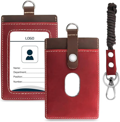 Badge Holder: Boshiho Cowhide Leather ID Badge Card Holder with 19" Neck Lanyard, Vertical Style (Brown-Red)