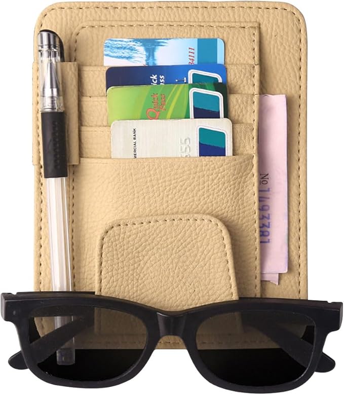 Car Sun Visor Organizer, Leather Card Sleeve Pocket Organizer, Multifunctional Auto Visor Document Holder with Sunglasses Clip, Universal Car Interior Organizer for Driving License, Pen (Small-Beige)