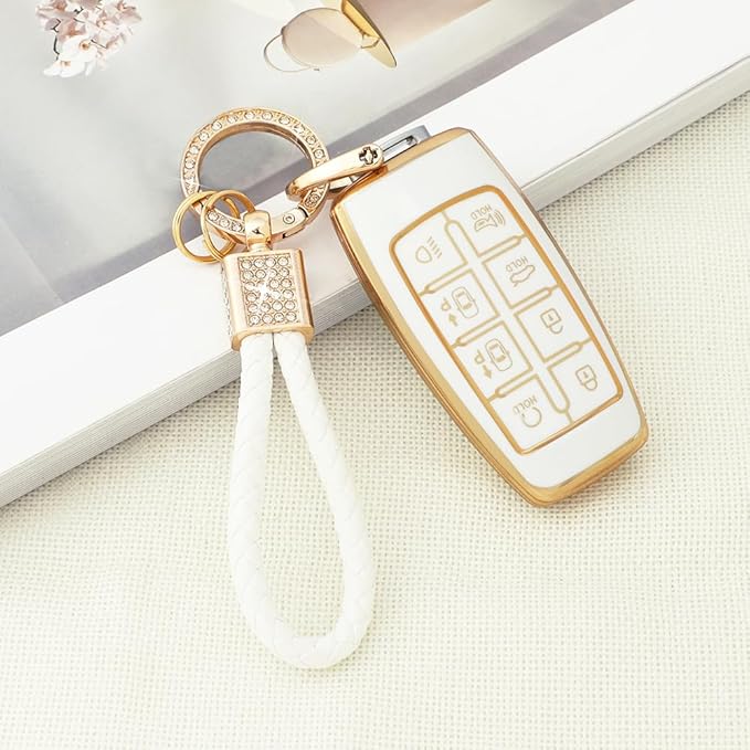 PIFOOG Key Fob Cover for Genesis GV70 GV80 2023 2022 2021 Accessories 8 Buttons Car Keys Case Shell with Cute Girly Keychain Ring Protector Bling White Gold TPU Women Gifts