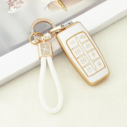 PIFOOG Key Fob Cover for Genesis GV70 GV80 2023 2022 2021 Accessories 8 Buttons Car Keys Case Shell with Cute Girly Keychain Ring Protector Bling White Gold TPU Women Gifts