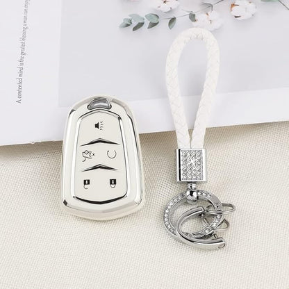 PIFOOG Key Fob Cover for Cadillac SRX CTS CT6 XTS XT5 XT6 XT4 ATS Accessories TPU 5 Button Keys Case Shell Protecor Glitter Car Keychain Girly Women White Silver