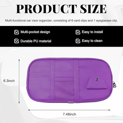 Car Sun Visor Organizer, Multi-Pocket Visor Storage Pouch Sunglasses Holder with Net Zippers, PU Leather Sunvisor Storage Bag with Elastic Band for Driving License Card Pen (Purple)