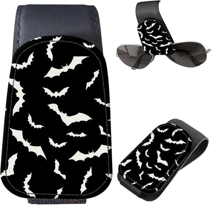 Sunglasses Holder for Car Visor, PU Leather Glasses Clip Organizer, Cute Magnetic Eyeglass Holder for Vehicle Sun Visor, Car Interior Accessory for Women & Men Black Bats Pattern