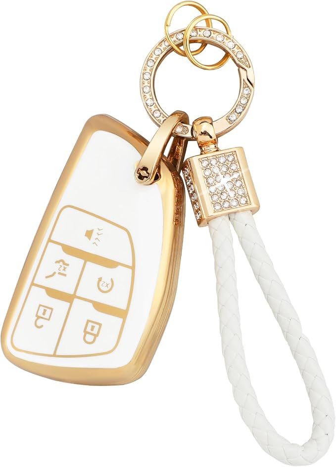 PIFOOG Key Fob Cover for Chevy Buick 5 Button Car Smart Keys Shell Case Glitter Key Chain Full Covers for GMC Sierra Silverado 1500 Envision Girl Women White Gold TPU