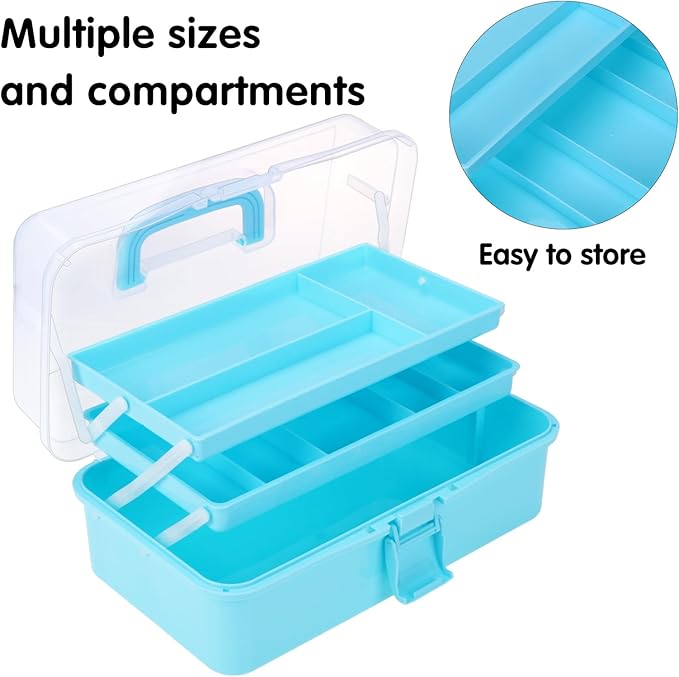 Craft Organizers Plastic Tool Box with Handle 3-Layer for Sewing Supplies, Medicine, Art Supplies, Nails and Hair Accessories 12.5inch (Blue)