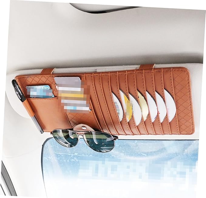 Mikinona Multi-Functional Sun Visor Storage Organizer Bag Stylish Leather Cd Holder for Car Convenient Accessory for Pens Cards and More Brown