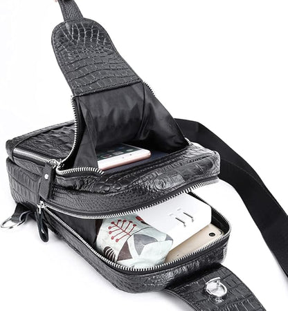 Hebetag Leather Sling Bag Crossbody Backpack for Men Travel Outdoor Office Work Camping Hunting Hiking Shoulder Chest Pack Casual Daypack, Black