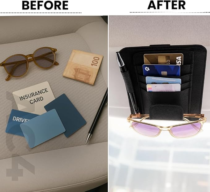 AC4 Compact Sun Visor Organizer for Car – Slim Design with Built-In Pen Holder + FREE Pen, Card & Sunglasses Storage, Universal Fit for Cars, Trucks & SUVs