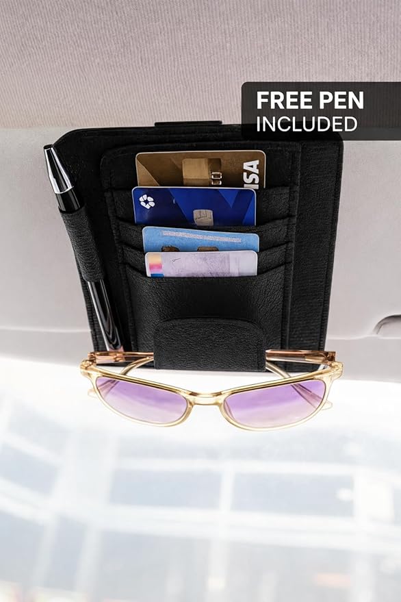 AC4 Compact Sun Visor Organizer for Car – Slim Design with Built-In Pen Holder + FREE Pen, Card & Sunglasses Storage, Universal Fit for Cars, Trucks & SUVs