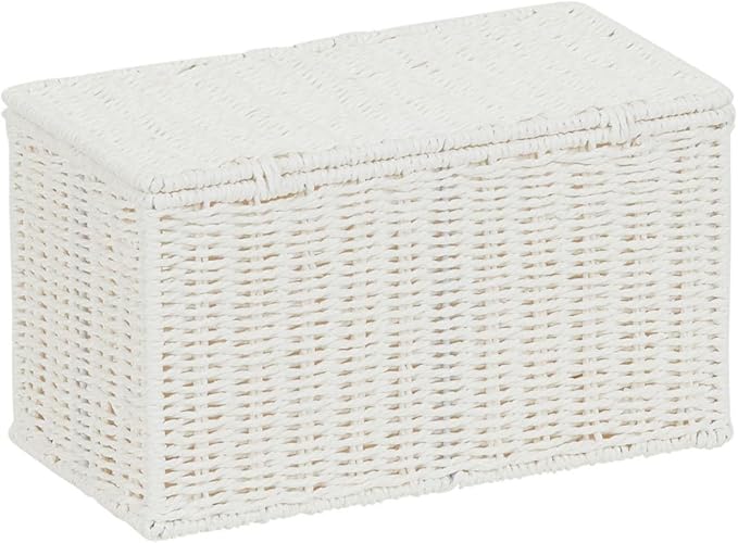 Household Essentials Small Wicker Basket with Lid, Multipurpose Storage Basket for Bathrooms, Shelves, Desks, Vanities, Closets and More, White