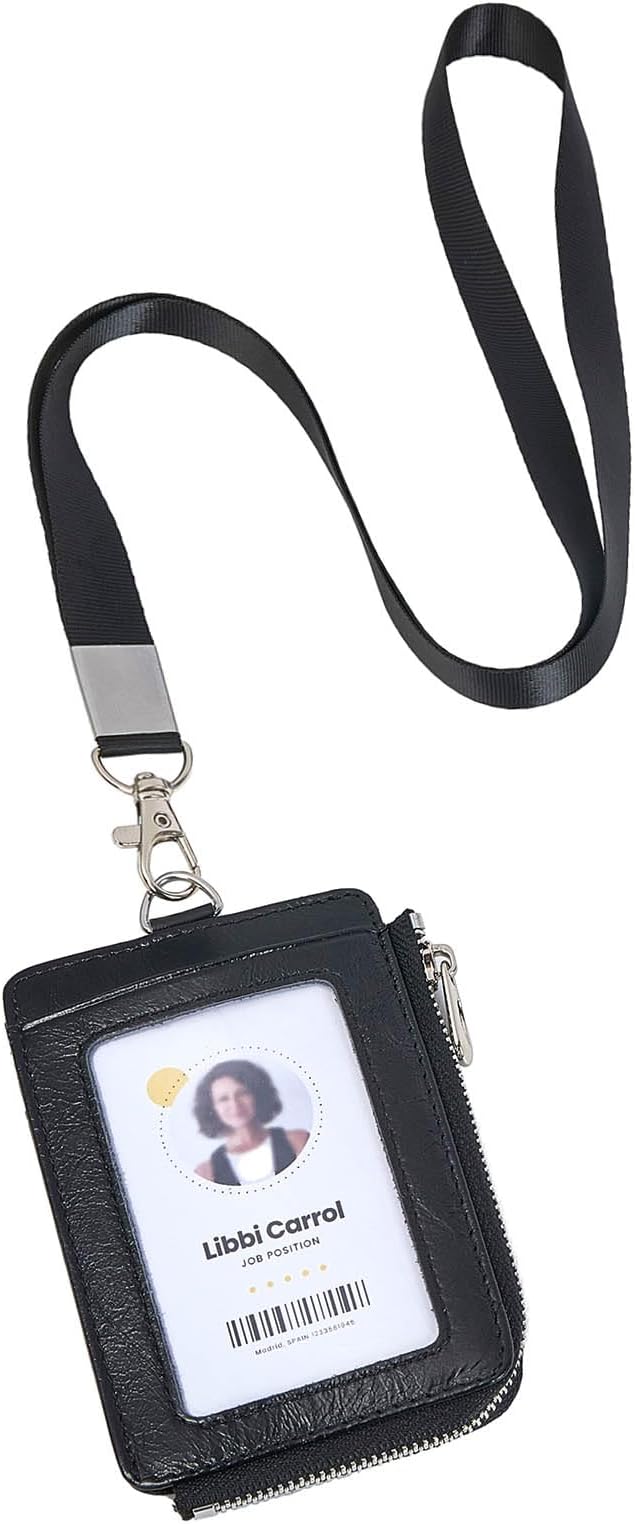 Badge Holder – Genuine Leather ID Badge Holder with Zipper Pocket and Nylon Lanyard – Perfect for Badges, Cards, and More