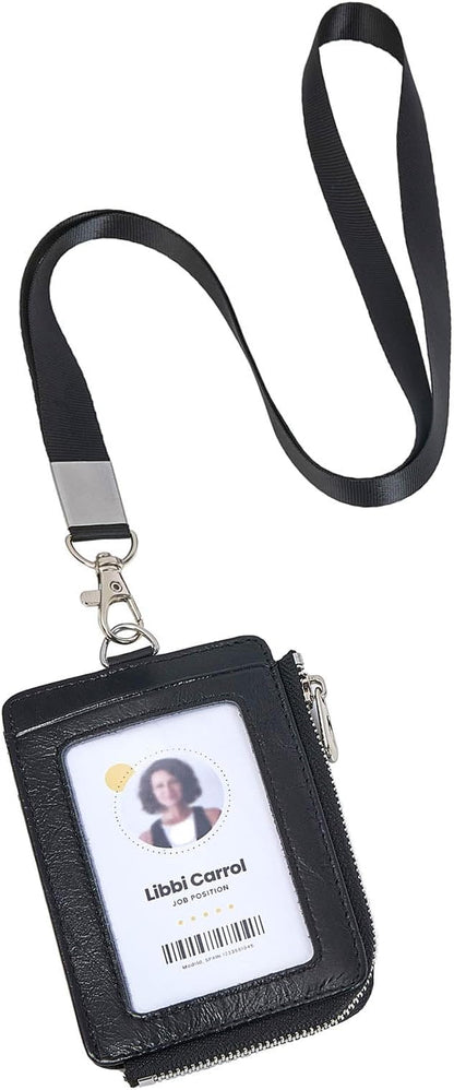 Badge Holder – Genuine Leather ID Badge Holder with Zipper Pocket and Nylon Lanyard – Perfect for Badges, Cards, and More