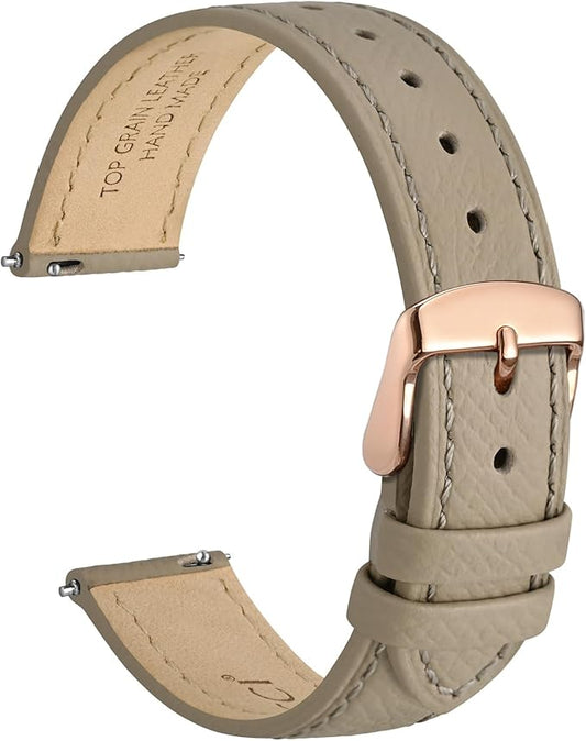WOCCI 12mm Grace Watch Band for Ladies, Top Grain Leather, Quick Release Replacement Strap with Rose Gold Buckle (Tea)