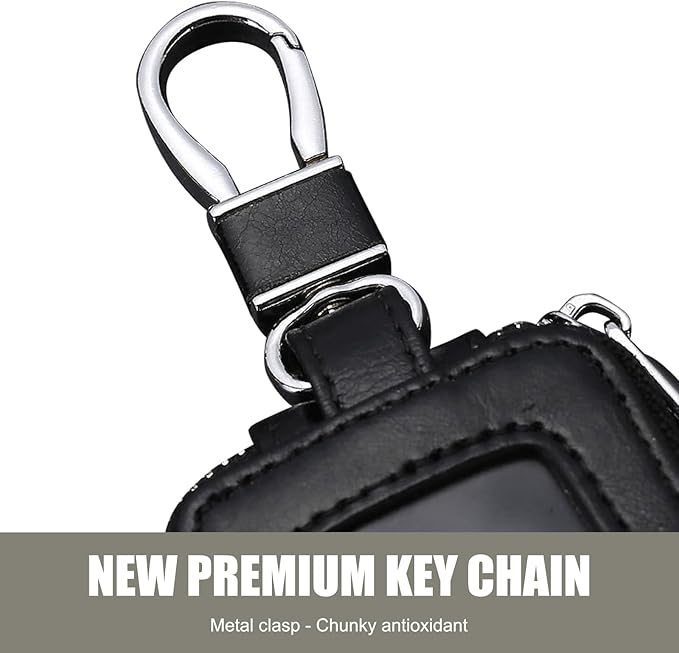 Leather Car Key Fob Case, 2.2" x 3.5" Car Key Fob Protective Cover with Zipper and Metal Hook, Double Layer Smart Remote Key Fob Case Holder, Universal Keychain Bag for Most Cars (Black)